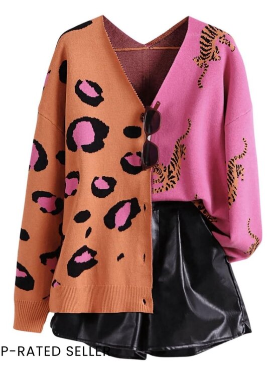 Sweaters - V-Neck Cardigan Sweater Coat Animal Print Color Block Button Down Soft